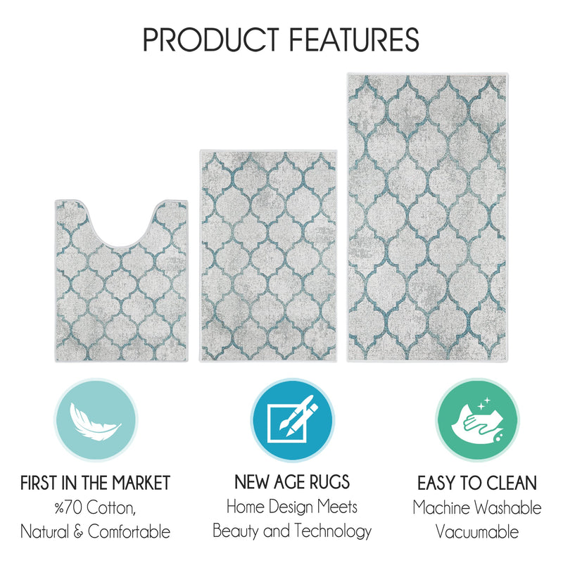 Geometric Design 3 Piece Bathroom Rugs Set | Gray&Teal