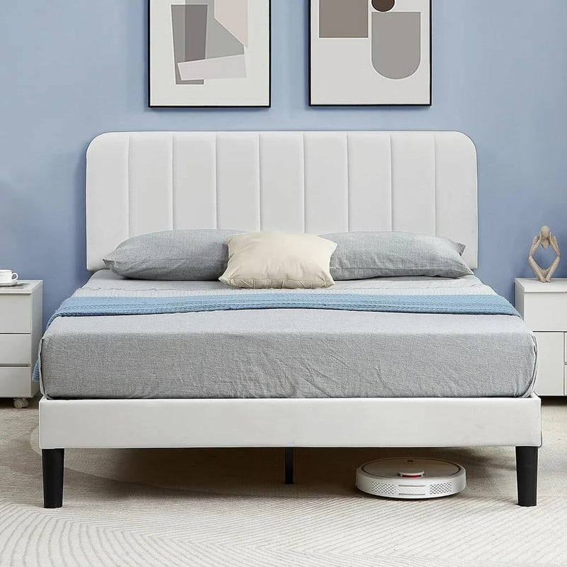 Full size White Upholstered Platform Bed Frame with Headboard, photo 3 of 4