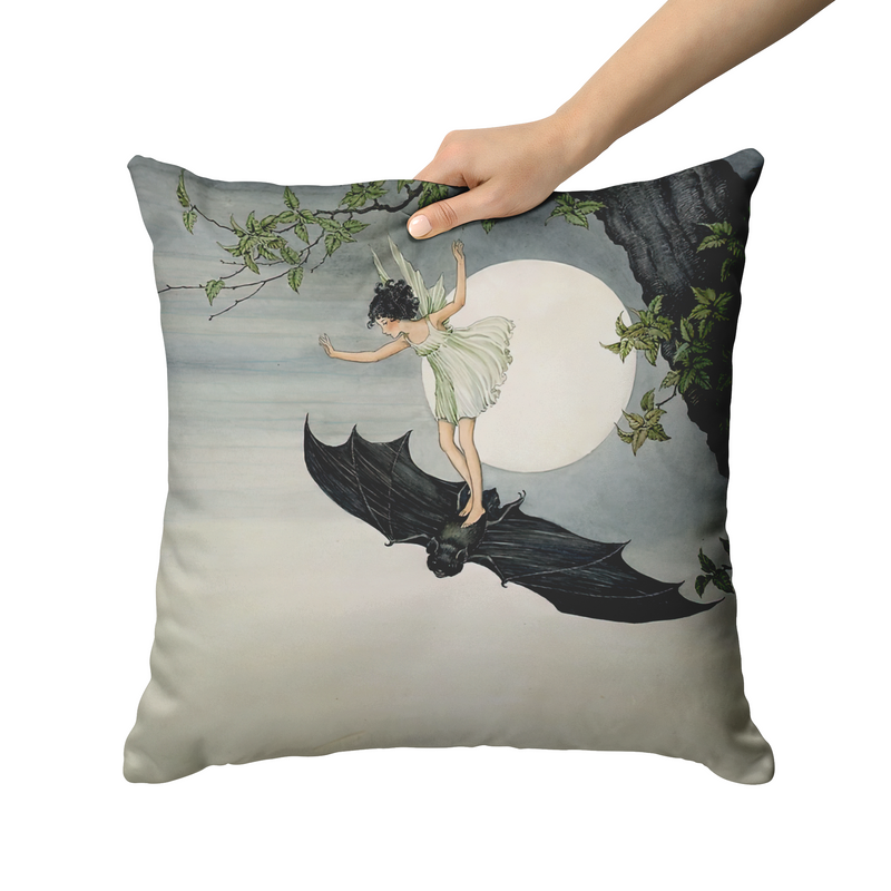 "Fairy Riding a Bat" Throw Pillow