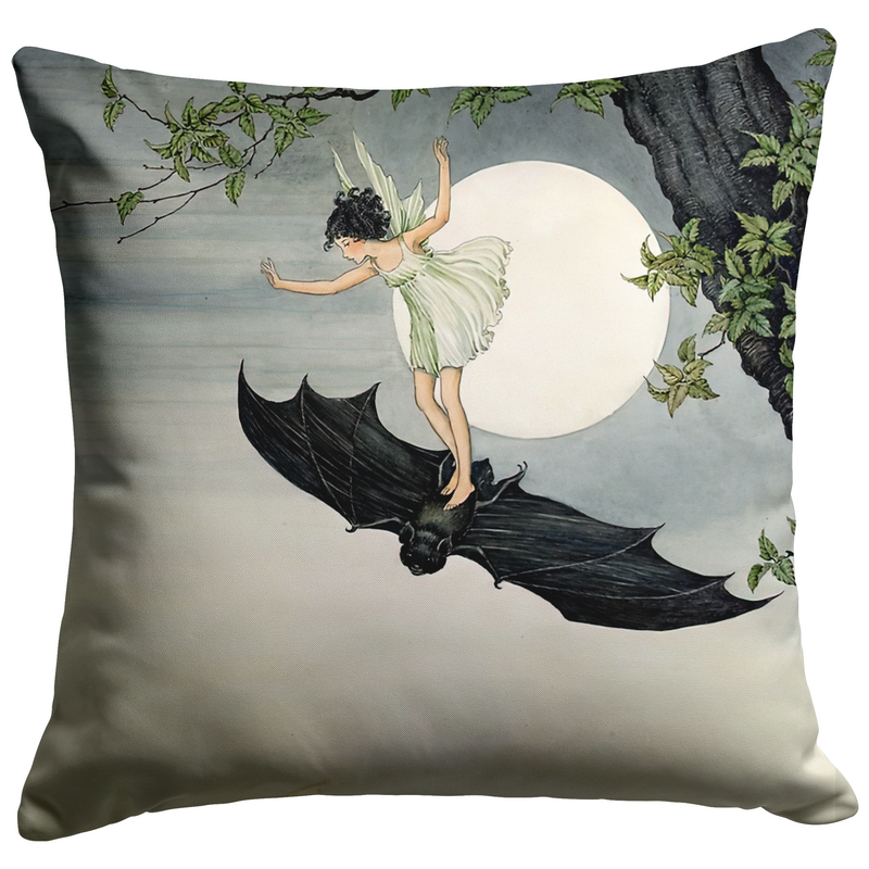 "Fairy Riding a Bat" Throw Pillow