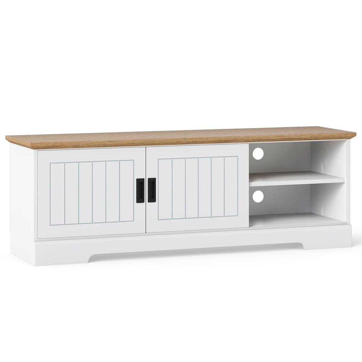 Farmhouse TV Stand for TVs up to 65 Inch with Sliding Doors and Storage Cabinets-White, photo 3 of 8