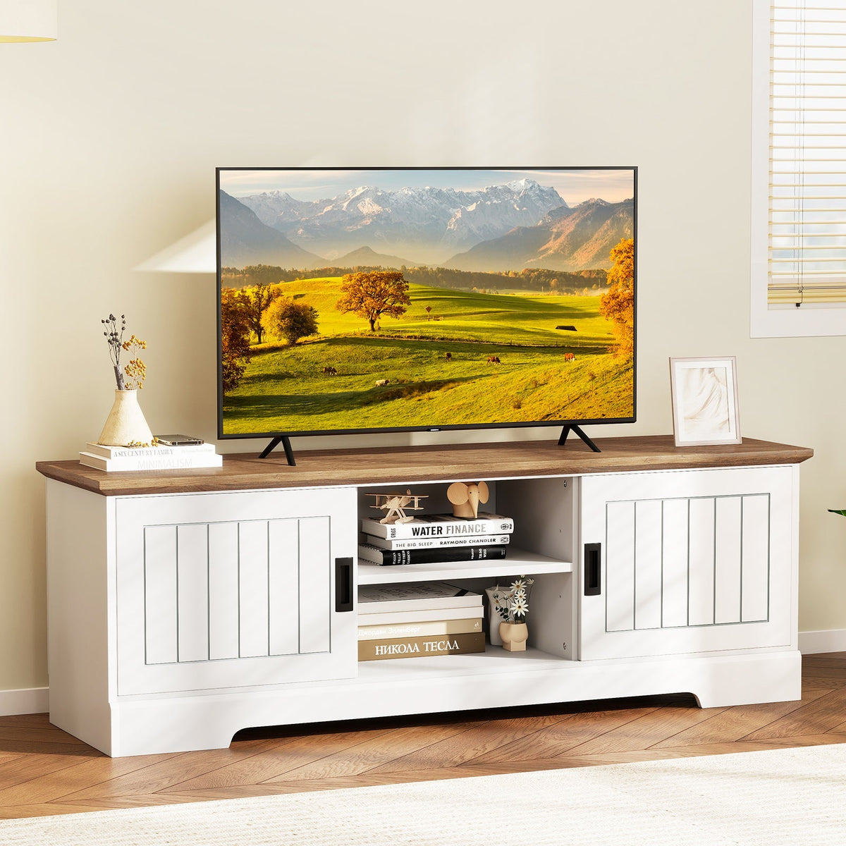 Farmhouse TV Stand for TVs up to 65 Inch with Sliding Doors and Storage Cabinets-White, photo 2 of 8