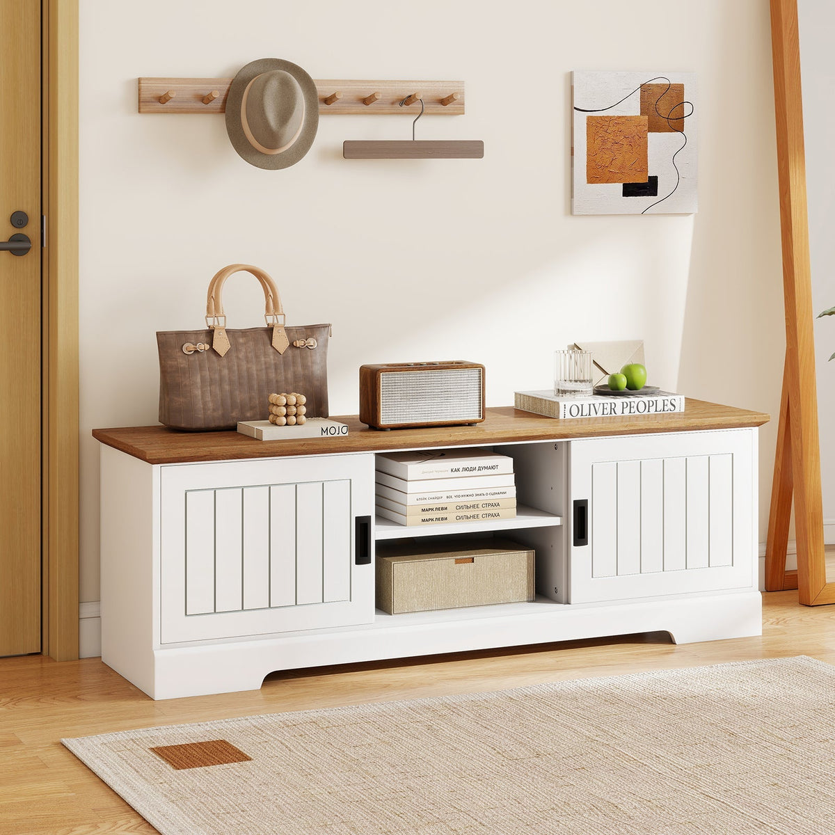 Farmhouse TV Stand for TVs up to 65 Inch with Sliding Doors and Storage Cabinets-White, photo 6 of 8