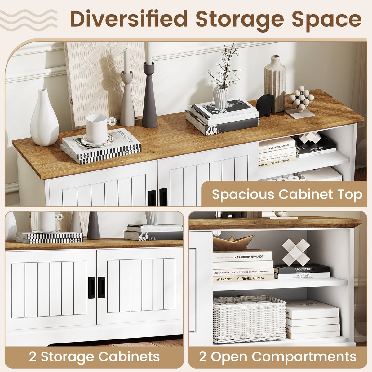 Farmhouse TV Stand for TVs up to 65 Inch with Sliding Doors and Storage Cabinets-White, photo 7 of 8