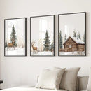 Deer and Cabin Winter 3 Piece Wall Art. Rustic Nordic Prints by Wall Art Set