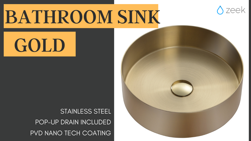 Zeek 14” Gold Round Vessel Bathroom Sink Stainless Steel PVD Nano Tech Coating ZN-G144