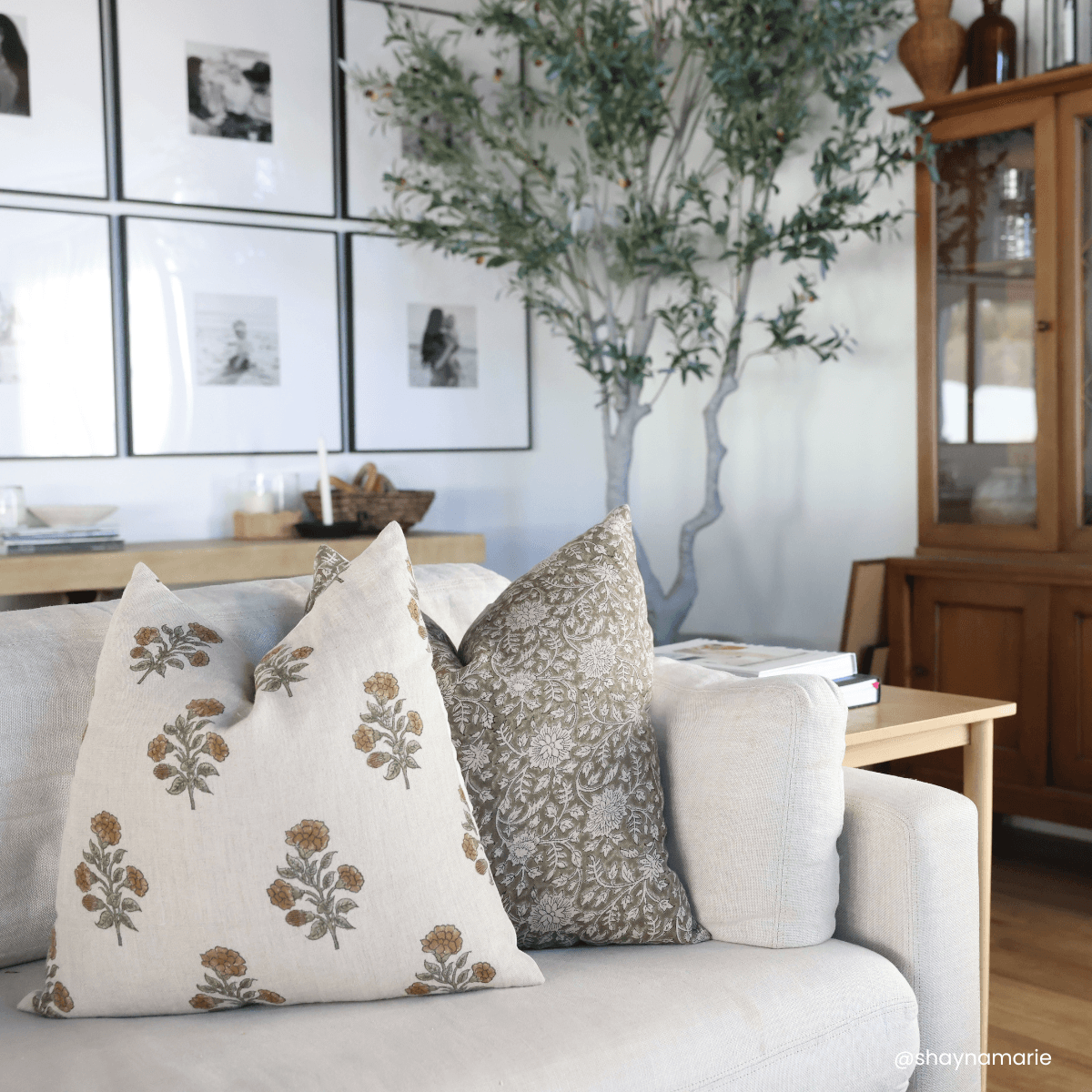 Leila Floral Block Printed Pillow Cover | Olive Green, photo 3 of 9