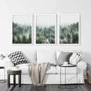 Minimalist Set of 3 Green Misty Mountain Forest Prints by Wall Art Set