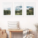 Green Pine Tree Forest. Blue Foggy Mountains. Set of 3 Prints by Wall Art Set
