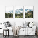 Green Pine Tree Forest. Blue Foggy Mountains. Set of 3 Prints by Wall Art Set