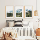 Green Pine Tree Forest. Blue Foggy Mountains. Set of 3 Prints by Wall Art Set