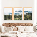 Green Pine Tree Forest. Blue Foggy Mountains. Set of 3 Prints by Wall Art Set