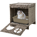 Foldable 2-tier Rattan Cat Litter Box Enclosure with Litter Mat-Grey