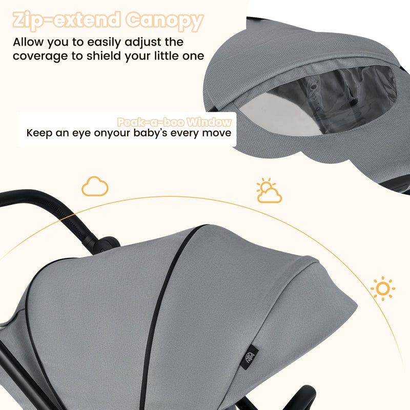 Foldable Infant Pram Stroller with Reversible Seat Reclining Backrest-Gray, photo 3 of 8