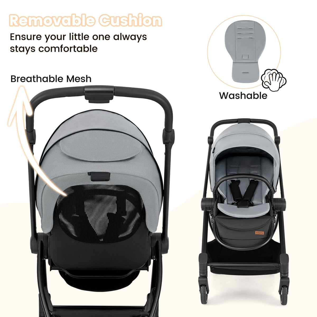 Foldable Infant Pram Stroller with Reversible Seat Reclining Backrest-Gray, photo 5 of 8