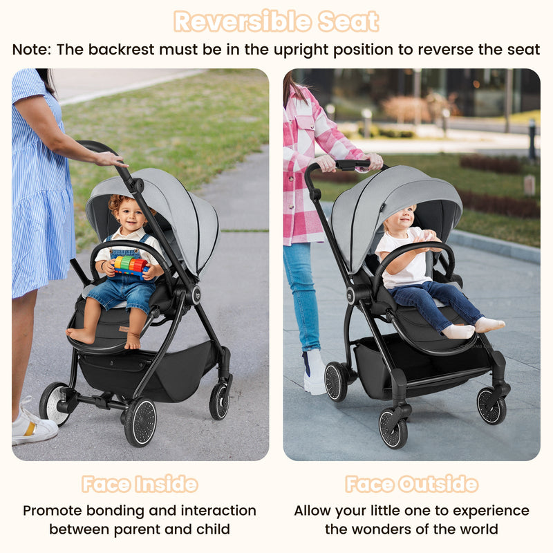 Foldable Infant Pram Stroller with Reversible Seat Reclining Backrest-Gray, photo 6 of 8