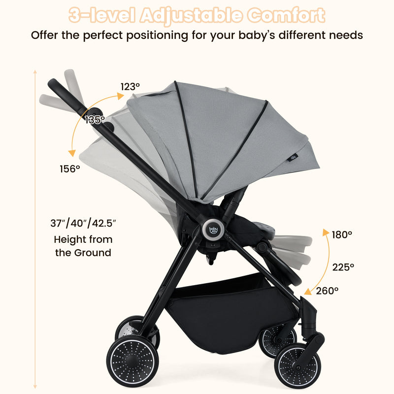Foldable Infant Pram Stroller with Reversible Seat Reclining Backrest-Gray, photo 7 of 8