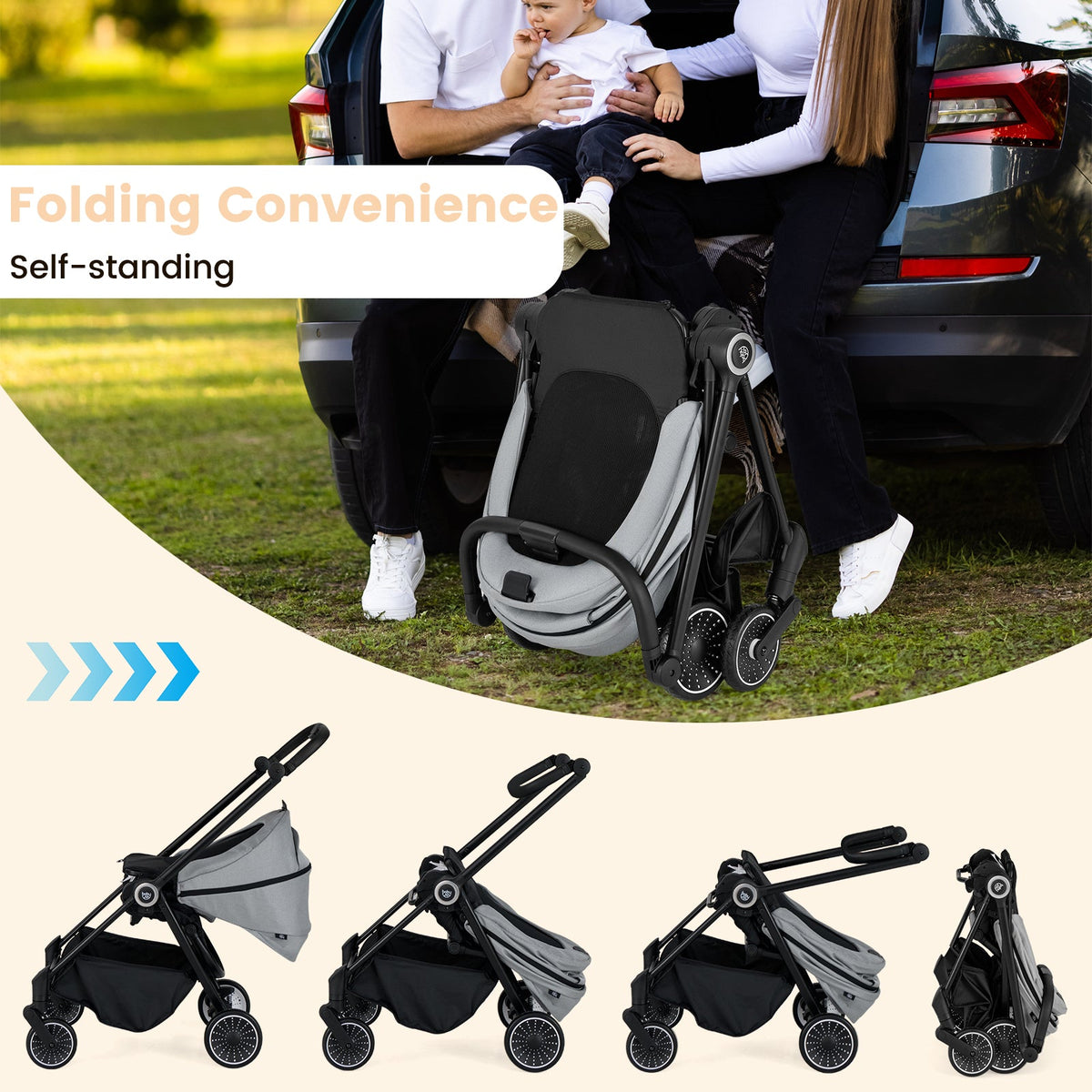 Foldable Infant Pram Stroller with Reversible Seat Reclining Backrest-Gray, photo 8 of 8