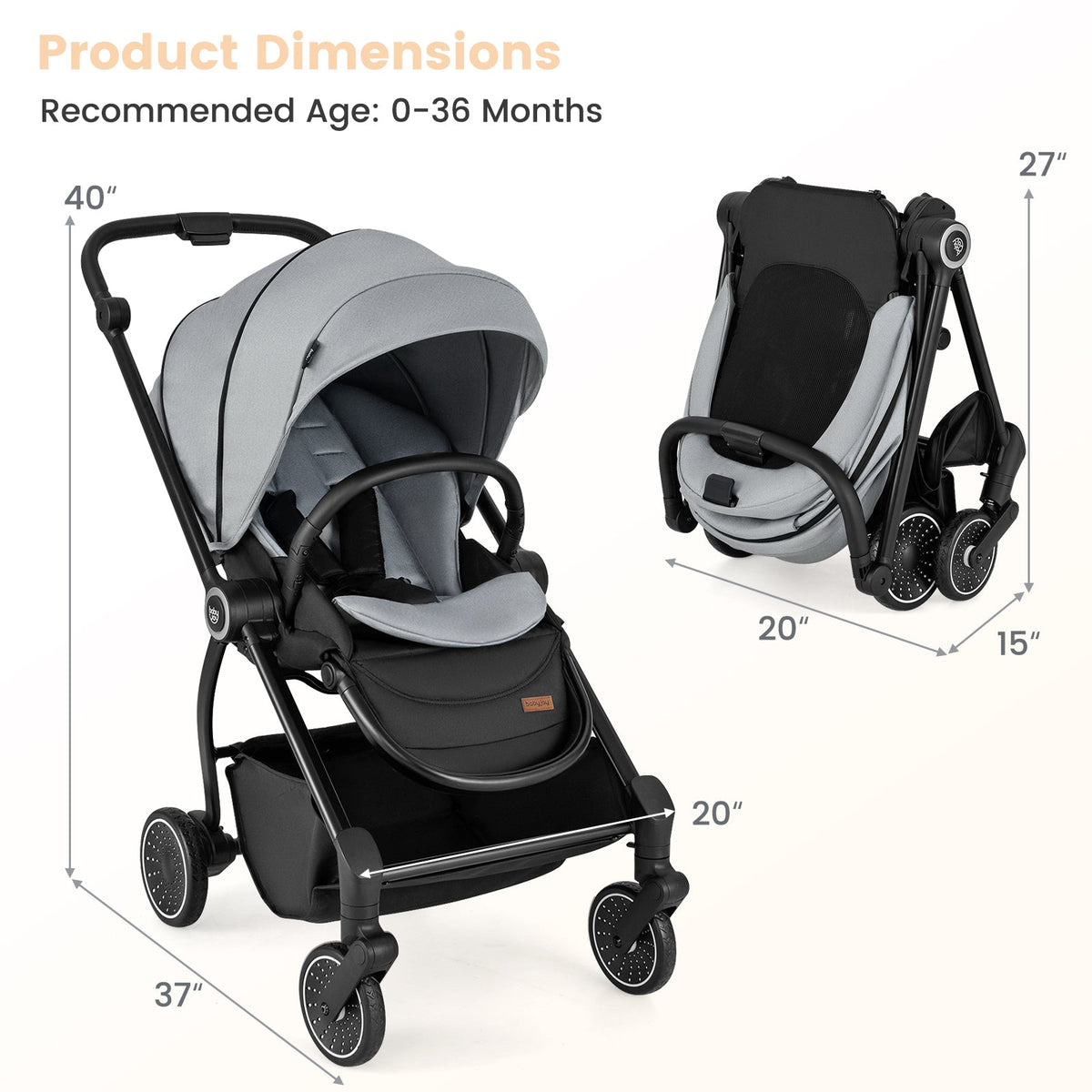 Foldable Infant Pram Stroller with Reversible Seat Reclining Backrest-Gray, photo 2 of 8