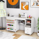Folding Sewing Table with Charging Station and Storage Shelves-White by LJGDeals