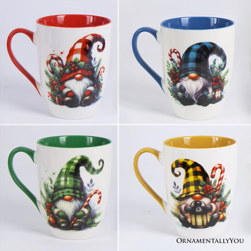 Cheerful Holiday Gnome Eclectic Ceramic Mug Set of 4, Christmas Coffee Cups for a Tableware Gift