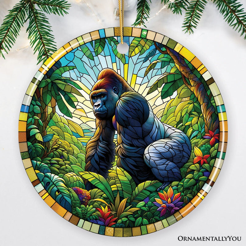 A Primate Safari Gorilla Stained Glass Style Ceramic Ornament, African Animals Christmas Gift and Decor