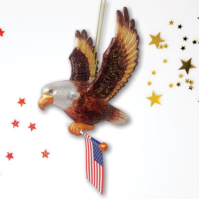 American Bald Eagle Patriotic Glass Ornament, USA Flag Christmas Decor