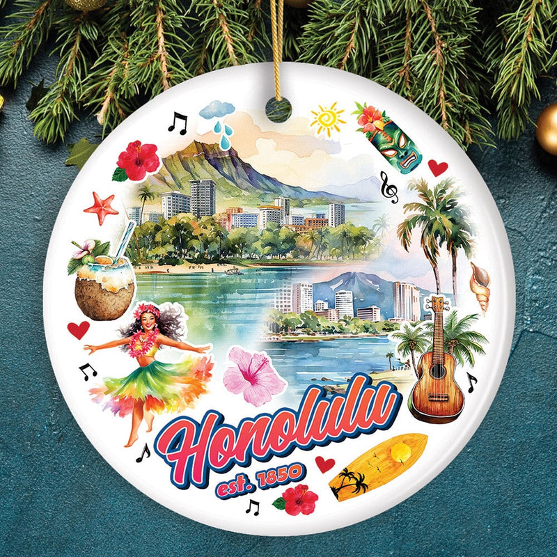 Artistic Honolulu Hawaii Christmas Ornament, Tropical Hawaiian Keepsake and Souvenir Gift