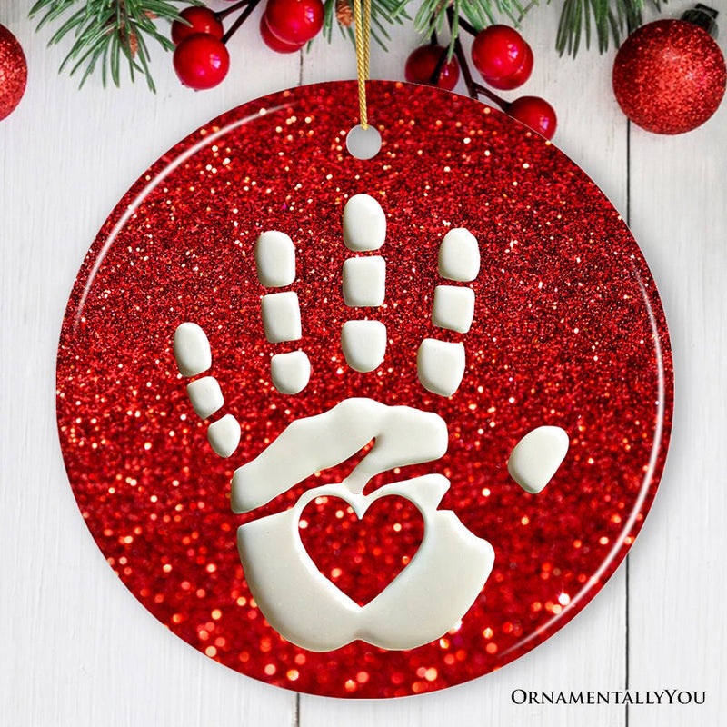 Baby Handprint in Red Glitter Themed Ornament, Christmas Nursery Keepsake and Tree Decor