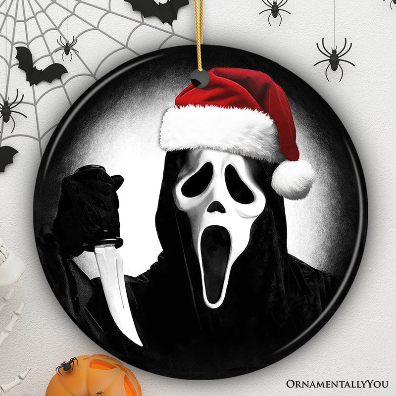 Bone Chilling Scarface Mask With Santa Hat Ornament, Nightmarish Christmas Gift for Halloween Tree