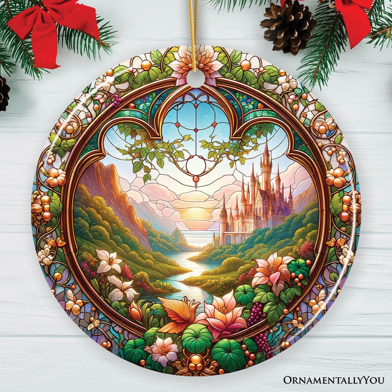 Castle Art with Lush Forest Stained Glass Style Ceramic Ornament, Christmas Gift and Decor