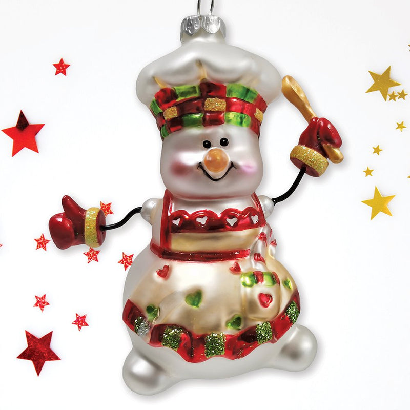 Cheerful Holiday Snowman Chef Glass Christmas Ornament