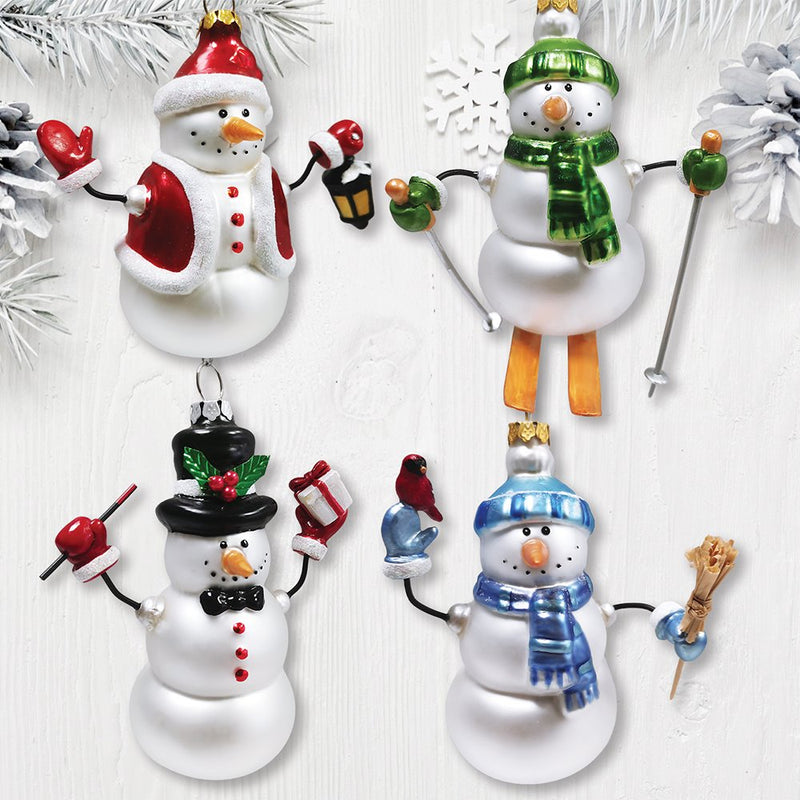 Classic Winter Snowman Set of 4 Glass Christmas Ornaments, Nostalgic Holiday Collection Set