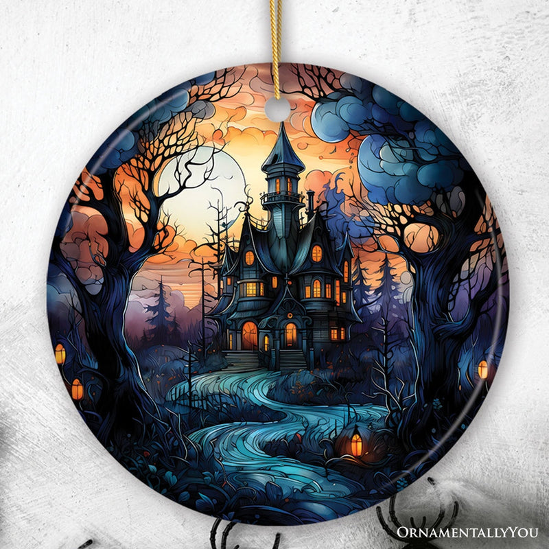 Dark and Gloomy Haunted House Stained Glass Style Ceramic Ornament, Halloween Themed Christmas Gift and Decor