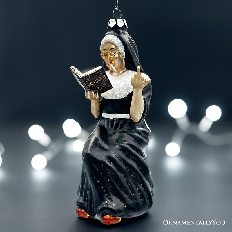 Eccentric Gothic Smoking Nun Glass Ornament, Unique Halloween and Emo Home Decor