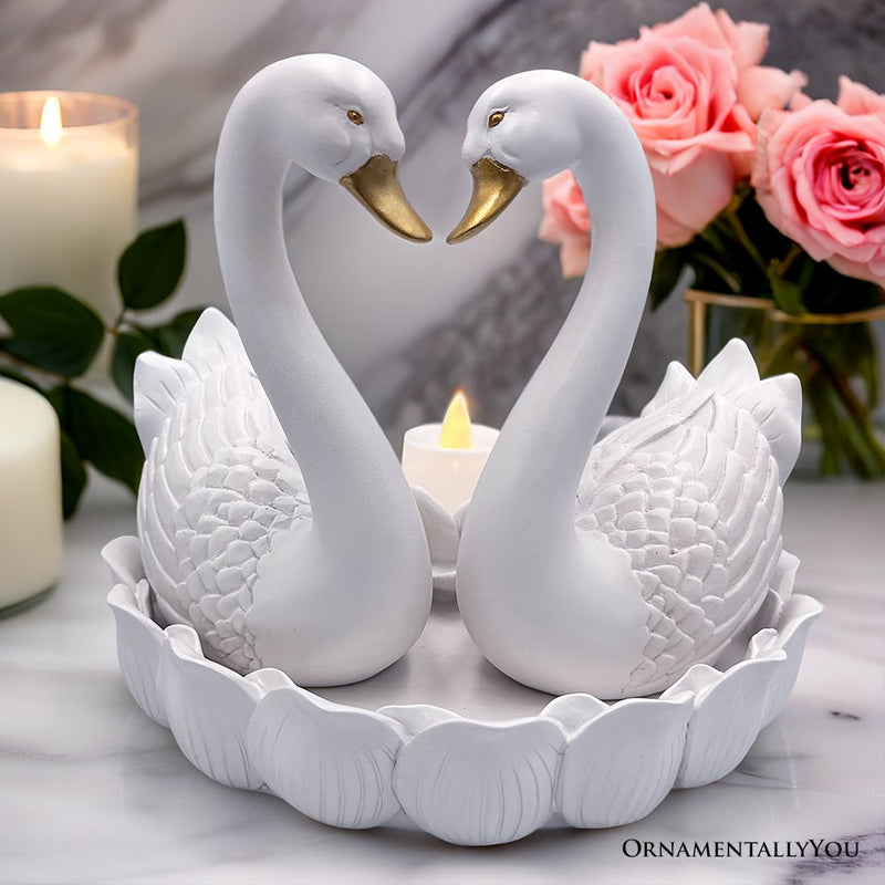 Elegance in Union Swan Figurine and Tealight Candle, 7" Romantic Couples Gift for Valentine or Anniversary