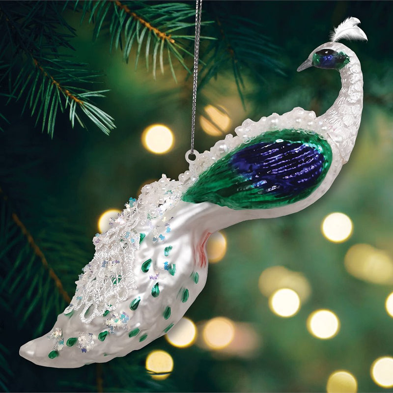 Elegant Winter Peacock Glass Christmas Ornament