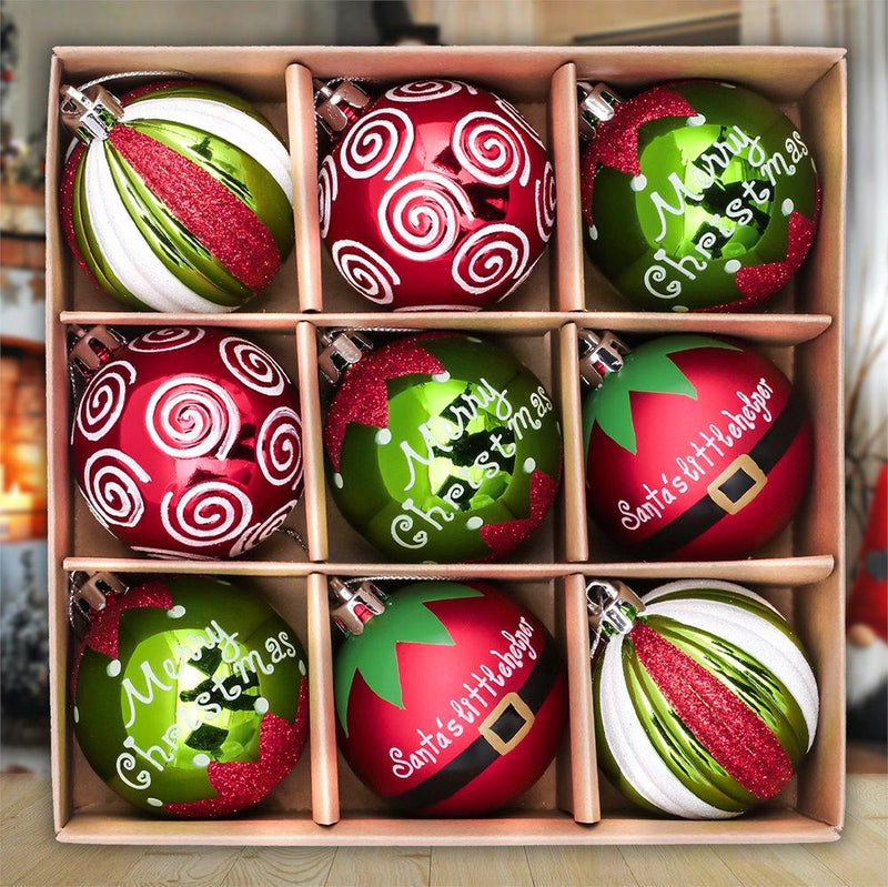 Elf Theme Christmas Ornament Set, 9 Baubles Green and Red