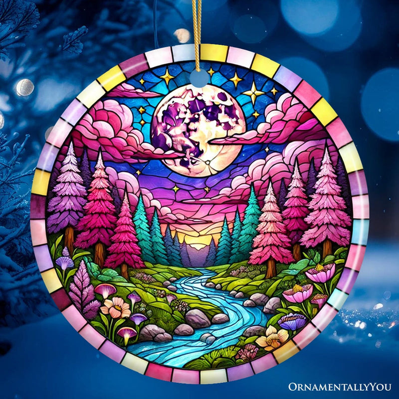 Enchanted Forest Glow Pink Themed Ornament, Mystical Moonlit Landscape Gift and Decor