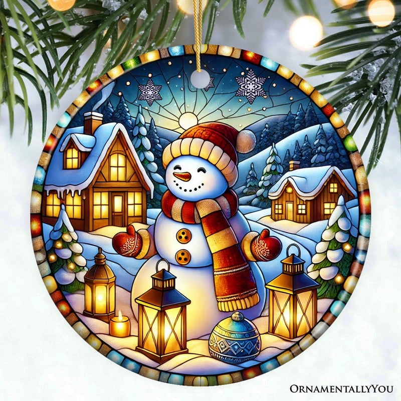 Enchanting Snowman with Cozy Lantern in Winter Village Ceramic Ornament for Decor and Gift