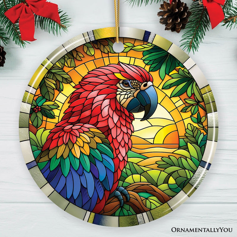 Feathered Friends Adventure Parrot Stained Glass Style Ceramic Ornament, Safari Animals Christmas Gift and Decor