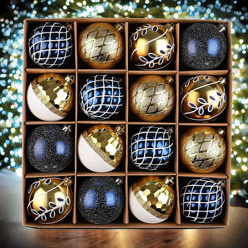 Festive Gold and Frosted Blue Assorted Ornament Bauble Bundle, Set of 16 Elegant Christmas Balls