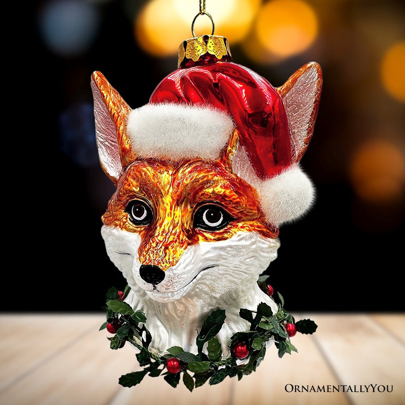 Fox with Santa Hat Glass Christmas Ornament, Woodland Animal Wreath Gift Decor