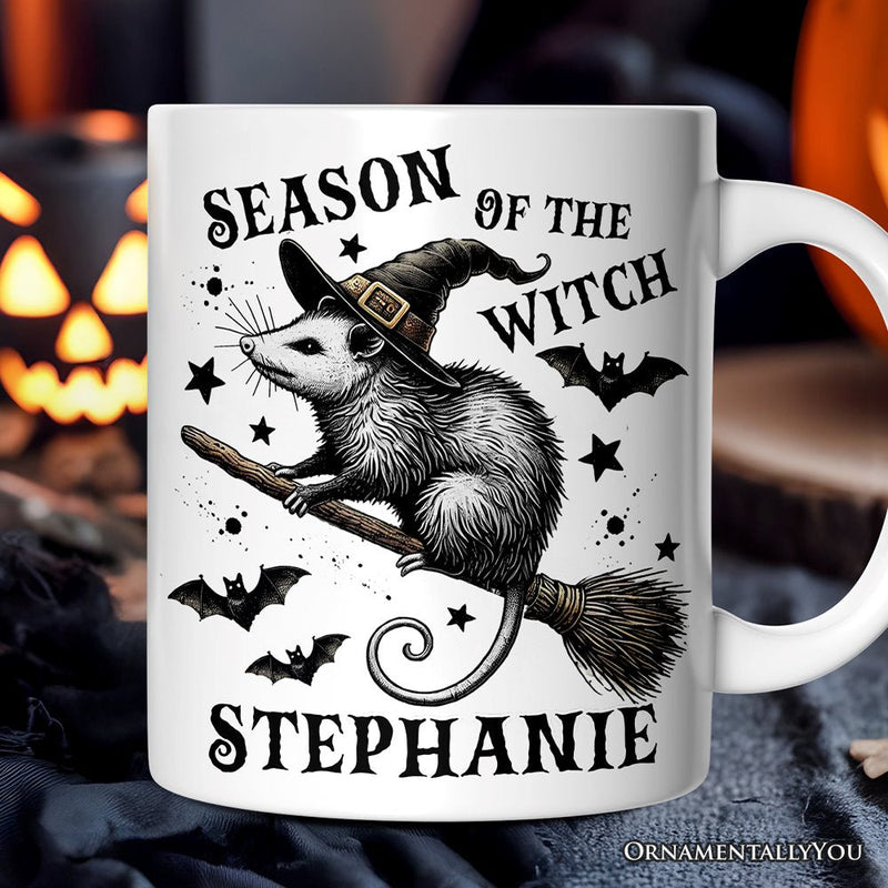 Funny Opossum Witch with Broom Personalized Mug, Vintage Halloween Gift with Custom Name