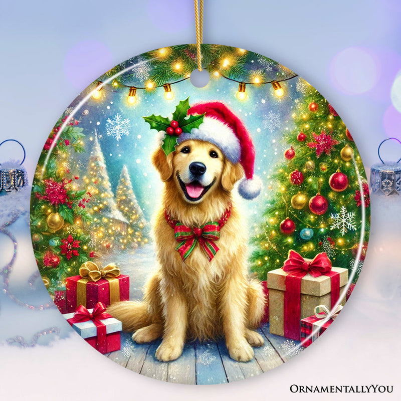 Majestic Golden Retriever with Santa Hat Ornament, Delightful Christmas Gift and Decor