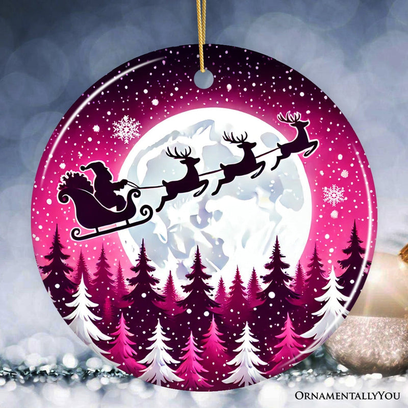 Moonlit Santa Silhouette Pink Themed Ornament, Enchanted Night Sky for Holiday Decor