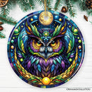 Nocturnal Enchanter Mysterious Owl Stained Glass Style Ceramic Ornament, Halloween Themed Christmas Gift and Decor