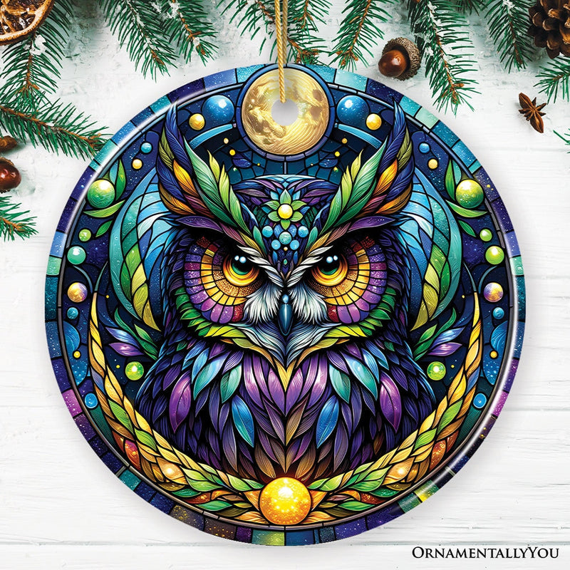 Nocturnal Enchanter Mysterious Owl Stained Glass Style Ceramic Ornament, Halloween Themed Christmas Gift and Decor