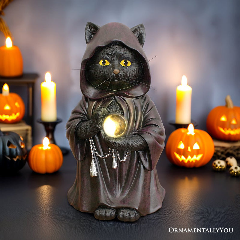 (Pre-Order) Ominous Black Cat Wizard Figurine, 7" Solar Light Gothic Yard Statue Decor