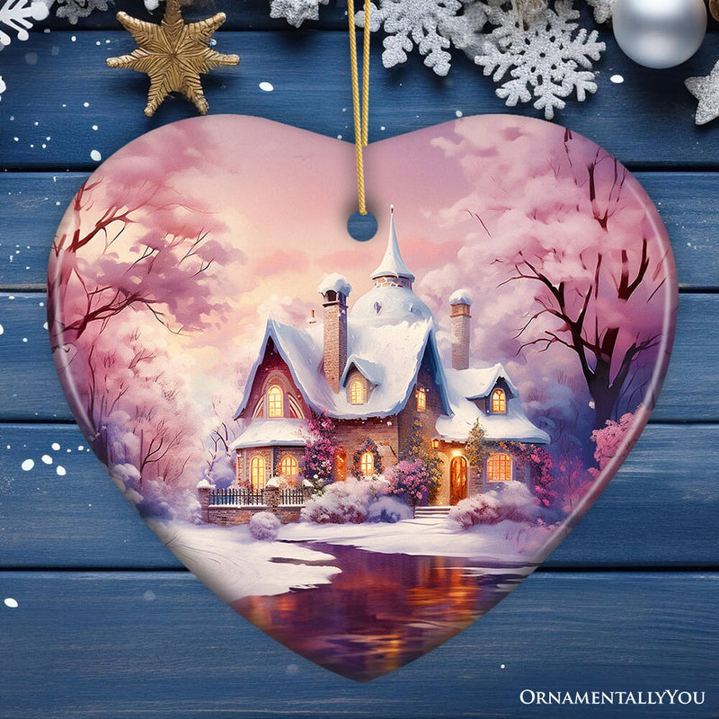 Picturesque Snowy Evening House Illustration Christmas Ornament, Peaceful Holiday Home Decoration